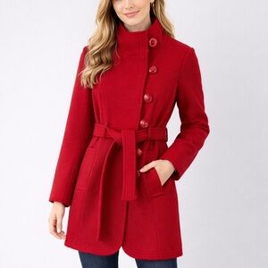 Tulle Red Wool Blend Belted Coat Button Front Women’s S